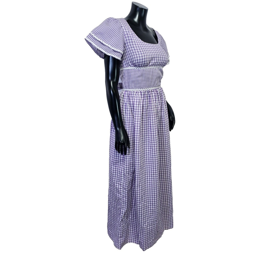 VTG 70s Purple Gingham Maxi‎ Dress Prairie Cottagecore Lace Trim Flutter Sleeve - Picture 10 of 16